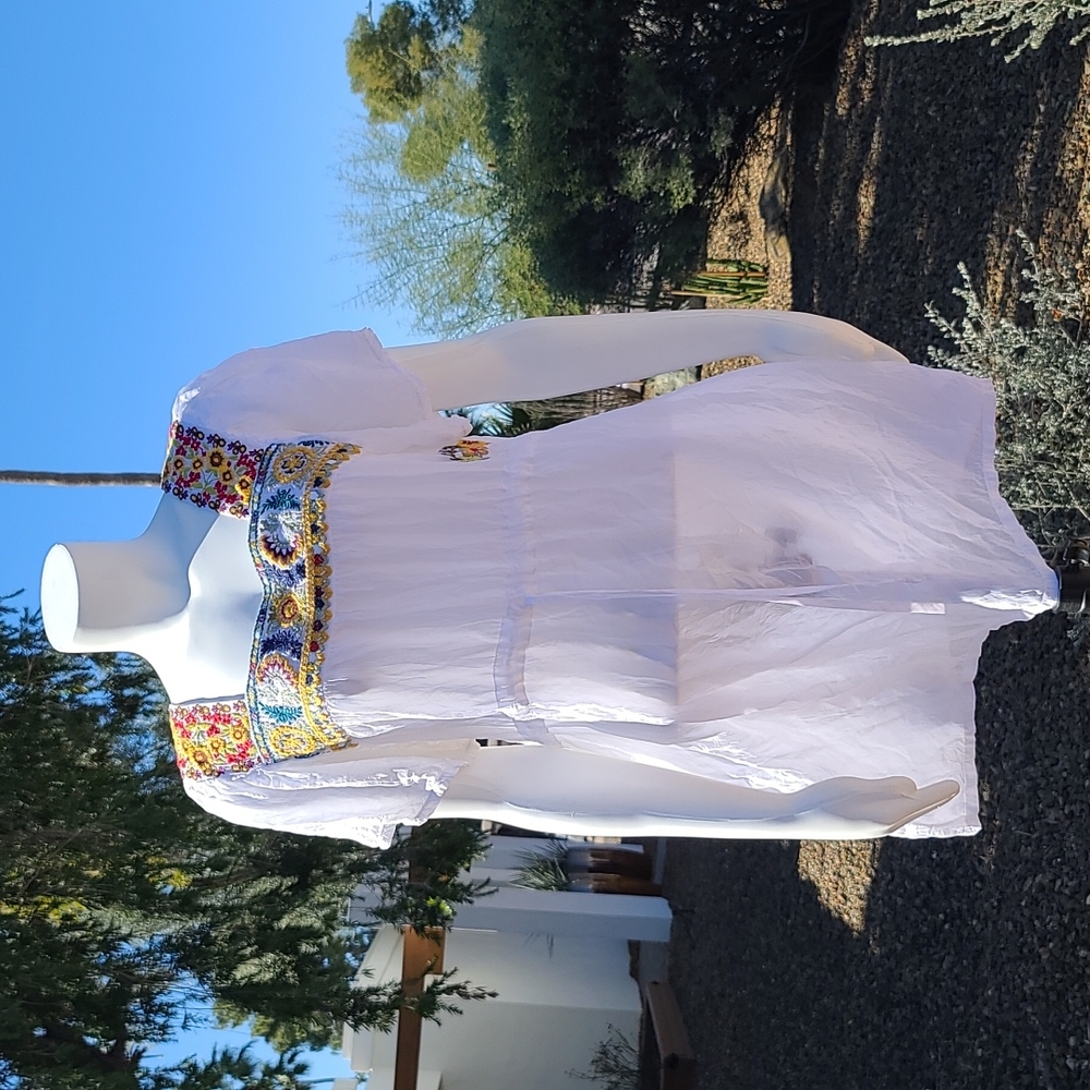 JOHNNY WAS ANTHRO White Embroidered Cotton Mini Dress M Boho Cover Up Mexico - Picture 16 of 17